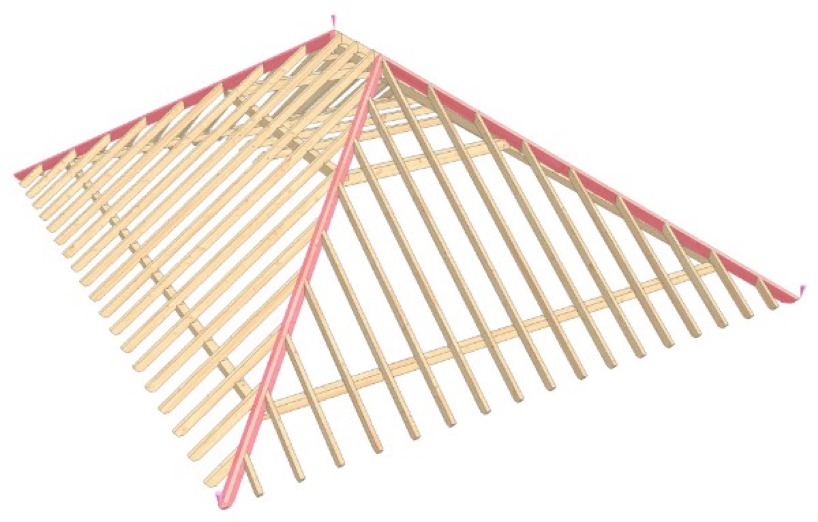 Hip roof framing diagram showing ridge lines, rafters and roof geometry